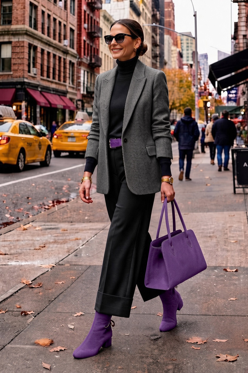 Women's amethyst purple back lace-up ankle boots with round toe and low block heel - Worn view